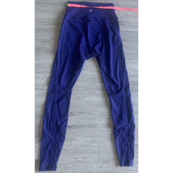 Lululemon Size 4 Leggings Essential Rhythm Mesh Lace Run Pants Emperor Blue Rare - Picture 2 of 4